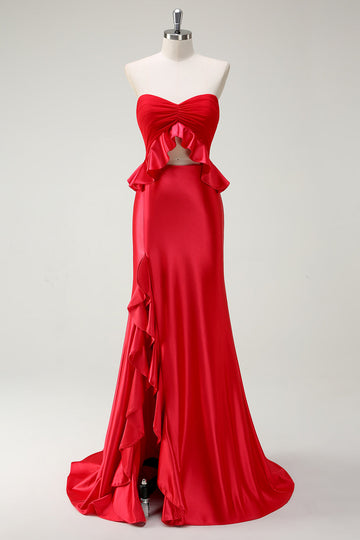 Red Sweetheart sirena abito lungo da cerimonia con fessura